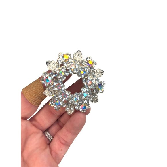 Vintage Aurora Borealis Rhinestone Flower Brooch Silver-Tone 2" Diameter - Picture 3 of 8
